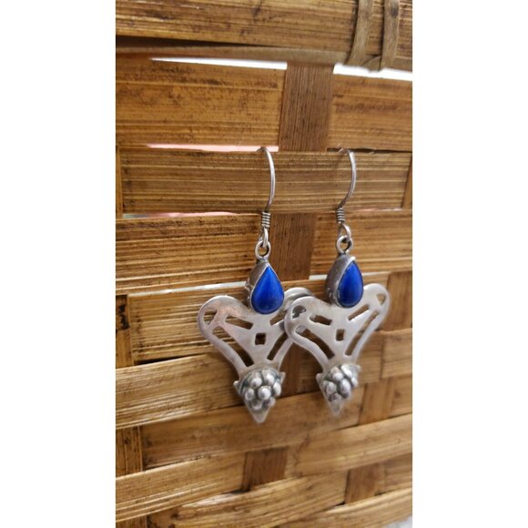 Vintage Silver Dangle Heart Shape Earrings With Lapis Lazuli S - Picture 3 of 10